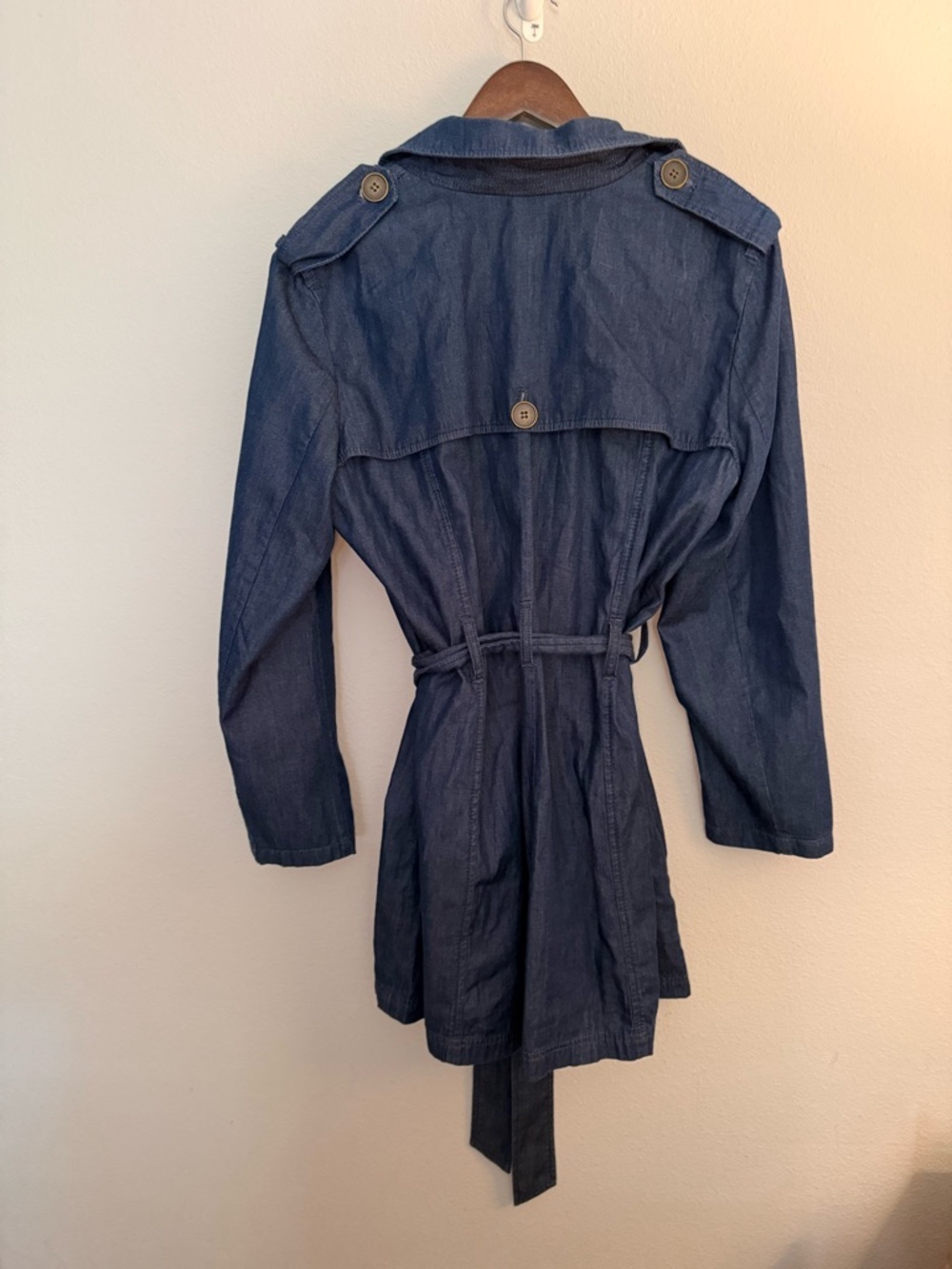 New York & Company Navy Blue (Denim) Double-Breasted Trench with Waist Tie - Picture 2 of 5
